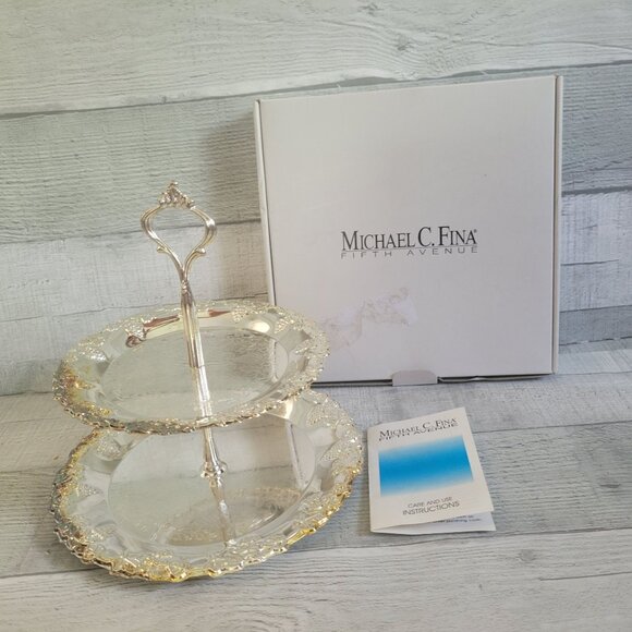 Two-Tiered Glass Serving Tray With Gold Trim & Ornate Handle By Michael C. Fina - Picture 1 of 10